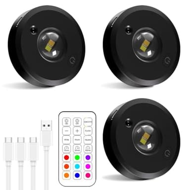 KUWUNG USB Rechargeable LED Spots Batterie, RGB USB changement de couleur éclairage d'armoire sans fil avec télécommande, éclairage indirect rond avec 3 températures de couleur minuterie (6 pièces)