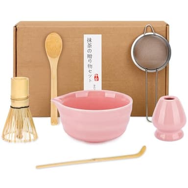 KIMIGO Matcha Kit,Set Complet pour Cérémonie du Thé avec Bol à Matcha (Design Bec d'Aigle),Fouet à Matcha en Bambou,Tamis,Cuillère & Accessoires,Cadeau pour les Amateurs de Matcha(Rose)