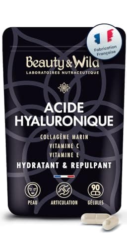 Acide Hyaluronique, Collagène Marin Naticol + Vitamine C + Vitamine E, complément alimentaire acide hyaluronique pour la peau et les articulations, 90 gélules pour 45 jours, Made in France