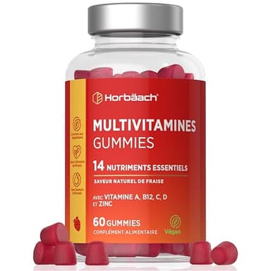 Multivitamines Gummies Adulte | 14 Vitamines Minéraux Essentiels - Vitamine A, Vitamine B12, Vitamine C, Vitamine D et Zinc | 60 Gummies Vegan | Multivitamines et Minéraux | Horbaach
