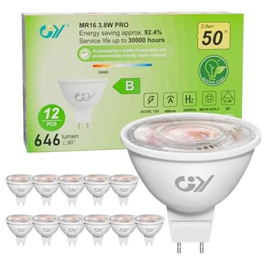 GY Ampoules LED GU5.3 MR16 12V Classe B, 646LM Blanc Chaud 3000K，3.8W Équivalent 50W 36° Angle LED Spot (Faisceau Étroit), Efficacité Energétique, Non-Dimmable,Pas de scintillement, Lot de 12