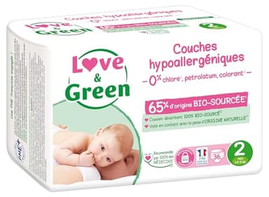 Love & Green - Couches Bébé Saines et Ecologiques - Taille 2 (3-6 kg) - 36 couches - Absorbante, anti-fuites et sans ingrédients indésirables