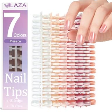 Laza 210pcs Cat Eye Press on Nails for Women 7 Colors Short Square Reusable Nail Tips in 15 Sizes Long Lasting Natural Fake Nails Stick on Artificial Acrylic False Nail Tips — Nude Series