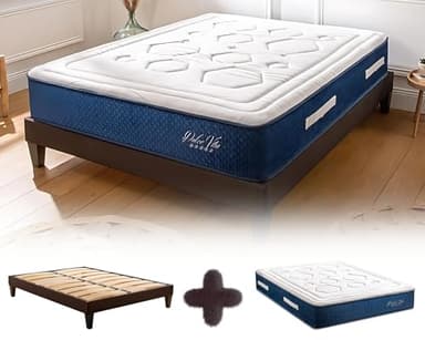 Maison Aubertin - Ensemble Matelas Sommier Hybride Dolce Vita 200x200, Ép 58, 1056 Ressorts Ensachés & Mémoire de Forme Haute Densité 60 kg/m³, Lit en Bois Massif, 2 Personnes
