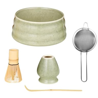 BUCOMTU Kit matcha 5 pièces, bol à matcha, fouet à thé Baibenli, support à fouet à thé, filtre, cuillère à thé, ensemble matcha adapté aux débutants