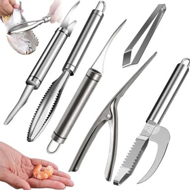 6PCS Éplucheur de Crevettes, FORMVERSITY Ecailleur Poisson, Pince Poisson, Stainless Steel Fish Scaler, Couteau Ligne Crevettes, Kit 6 En 1 Pour Déveiner Écailler et Éviscérer les Crevettes