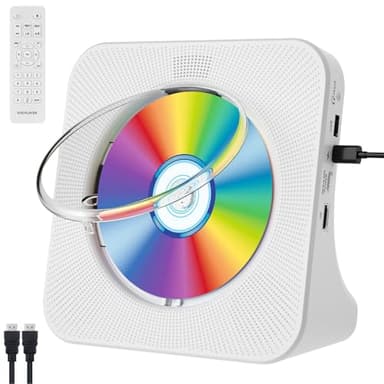 Qoosea Lecteur DVD CD pour Téléviseur avec Bluetooth HDMI et Lecteur CD de Bureau Toutes Régions avec Haut-parleurs, Affichage Réveil Radio FM Lecture de Carte USB Télécommande et Câble HDMI(Blanc)