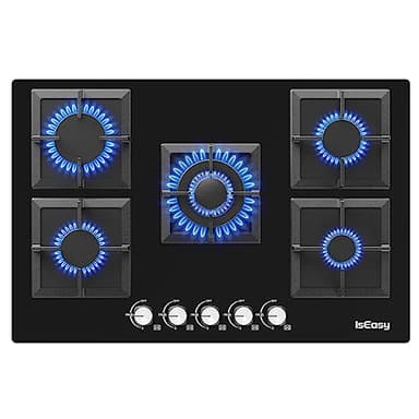 IsEasy Plaque de Cuisson Gaz 5 Feuxs, Plaque Gaz 5 Feux, Table de Cuisson à Gazs 77cm Encastrable, 10500W, Gazs ville et bouteille
