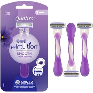 Wilkinson Sword Quattro My Intuition Smooth Violet Blooms Lot de 3 rasoirs jetables pour femme avec 4 lames hydratantes pour peaux sensibles
