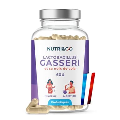 NUTRI & CO Lactobacillus Gasseri 200 milliards d’UFC/g - Probiotique Ventre Plat + Noix de Cola - Flore Intestinale Digestion - 60 gélules Gastro-Résistantes Vegan Fabriqué en France