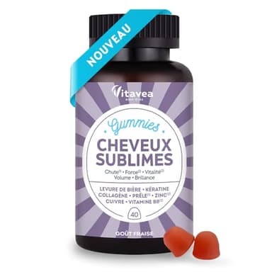 Vitavea Bien-être - Gummies Cheveux Sublimes - Favorise la Pousse - Biotine, Levure de Bière, Kératine, Zinc, Collagène - Anti-Chute, Volume, Brillance - 40 Gummies Fruits Rouges