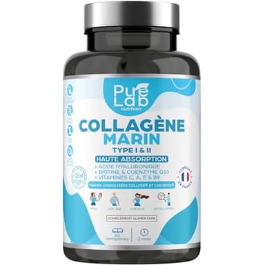 Collagène Marin Hydrolysé Type 1 et 2 + Acide Hyaluronique + Biotine & Coenzymes Q10 + Vitamines C, A, E, B9 - Cure 2 Mois, 60 Comprimés 1000mg - Peau, Articulations, Cheveux & Anti-âge