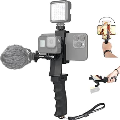 2en1 Ergonomique Hand Grip Stabilisateur Smartephone Caméra Sport Kit de Support Poignée Portable pour Youtube Tiktok Voyage Video Vlog Compatible avec Gopro iPhone - Micro/Video LED Light Adaptable