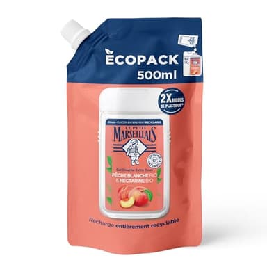 Le Petit Marseillais | Recharge Gel Douche Extra Doux Pêche Blanche Bio & Nectarine Bio (écopack de 500 ml) – 92% d'ingrédients d'origine naturelle – pH neutre pour la peau et sans colorant