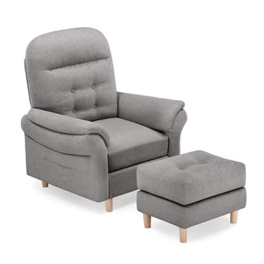 COMHOMA Fauteuil de Relaxation, Fauteuil Inclinable avec Dossier 4 Niveaux Réglable Jusqu'à 160° Manuellement, avec Tabouret Fauteuils Rembourré sac à Ressorts Simple Salon Chambre Cinéma, en Lin Gris