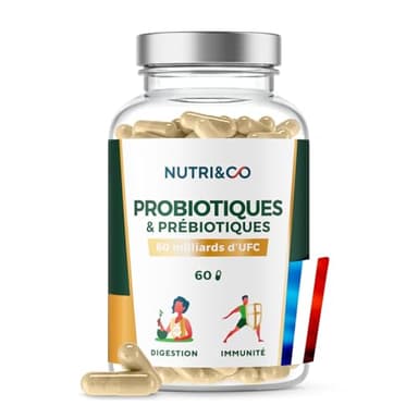 NUTRI & CO Probiotique Flore Intestinale - 60 Milliards UFC/jour - 9 Souches dont 2 Lactobacillus Brevetées - 60 Gélules Gastro-Résistantes aux Enzymes Digestives - Conditionné en France