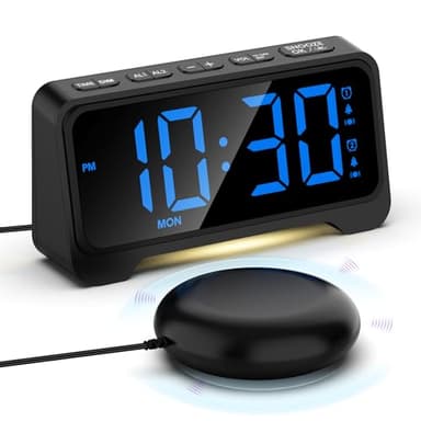 Réveil Extra Fort avec Secoueur de Lit, Réveil Numérique pour Sourd, Malentendantes, Gros Dormeur et Enfants, Alarme Bruyante&Shaker Puissant, Volume à 5 Niveaux, Double Alarm, USB Chargeur, Snooze