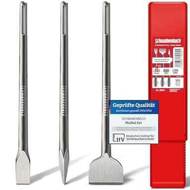 SCHWABENBACH® Burin SDS Max – Jeu 3 pièces : 25 mm + 50 mm + pointe – Burin plat SDS Max professionnel – Pour marteau perforateur et béton – Set Premium compatible Bosch, Hilti, Metabo
