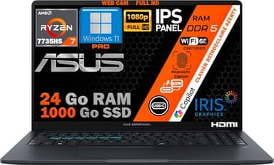 ASUS Ordinateur Portable Ryzen 7 7735HS, RAM 24Go DDR5, SSD 1To, Écran 15.6" FHD IPS, WiFi 6E, Webcam 1080p, Port Ethernet RJ45, Copilot IA, Clavier AZERTY Rétroéclairé, Empreinte Digitale, Win 11 Pro
