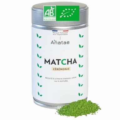 Anatae Marque française - Thé Matcha bio cérémonie japonais - Sans amertume - Poudre de thé vert matcha 100% BIO qualité cérémonielle - Récolté à la main à Nishio, Japon. 80 g