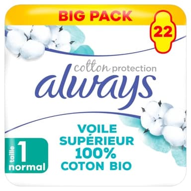 Always Cotton Protection Normal Serviettes Avec Ailettes X22, Voile Supérieur 100% Coton Biologique