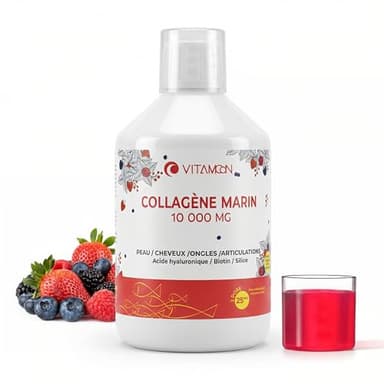 VITAMOON Collagène Marin Liquide (10 000 mg) - Peptides Hydrolysés Type 1 & 3 | 500 ml Supplément Liquide, Cure 20 Jours | Biotine, Acide Hyaluronique | Peau, Cheveux et Ongles (Goût Fraise)