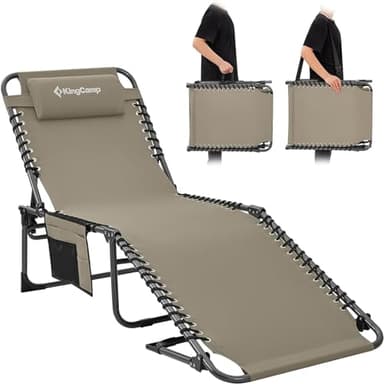 KingCamp Bain de Soleil Pliants 5 Positions Réglable,Chaise Longue inclinable Pliable,Lit de Camping Pliant avec Oreiller Poche Charge Max 120kg Transat de Relaxation pour Plage Jardin Camping Voyage
