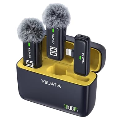 YEJATA Micro Cravate sans Fil pour iPhone iPad avec émetteur, Affichage Numérique et étui de Chargement 40 Heures, Microphone Cravate sans Fil à Clipser pour Enregistrement vidéo-Lot de 2