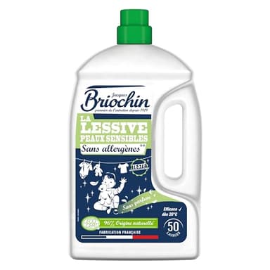 JACQUES BRIOCHIN - Lessive Spéciale Peaux Sensibles - Sans Allergènes - Testée Dermatologiquement - 96% d'Ingrédients d'Origine Naturelle - Ecocert - 50 lavages - Fabrication Française - 2.27L