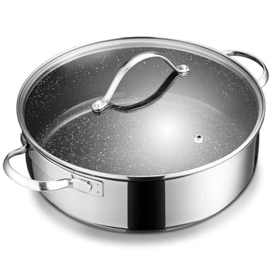 BEZIA Sauteuse 28 cm à induction, cocotte avec couvercle de 5,1 l, revêtement en acier inoxydable 18/10, convient pour tous les types de feux, passe au four, bord haut