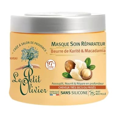 LE PETIT OLIVIER - Masque Soin Réparateur - Karité & Macadamia - Assouplit, Nourrit & Répare En Profondeur - Cheveux Secs Ou Frisés - Sans Silicone - Fabriqué en France - 330 ml