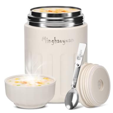 minghaoyuan Récipient isotherme pour aliments, 600ml en acier inoxydable avec cuillère, 100% étanche, récipient pour maintien au chaud, bol pour muesli ou babybrei (Blanc)