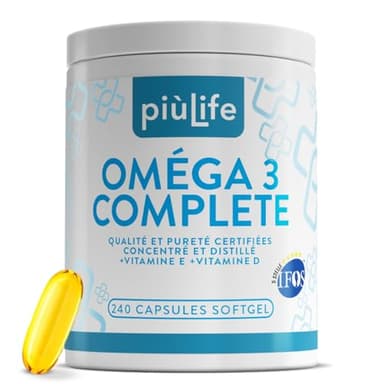 Omega 3 IFOS 5 étoiles Certifié Avec Vitamine D3 2000 UI Et E PiùLife, 240 Softgels, Huile De Poisson Omega 3 DHA EPA 2000 mg et 1000 mg par dose, Soutien Cœur, Vue, Os, Cerveau