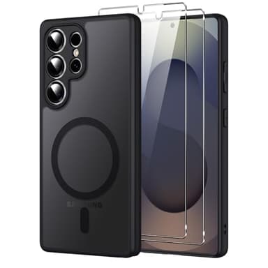 Oelrstfe Coque pour Samsung Galaxy S25 Ultra 5G Compatible avec MagSafe avec 2 Verre Trempé, Magnétique Etui Translucide Mat Arrière Housse, Protection D'objectif Ultra Fine Antichoc Case, Noir