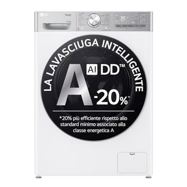 LG AI DD D4R9513TPWC Lave-Linge Sèche-Linge 13/7 kg Série R9 Classe D Lave-linge Sèche-linge 1400 tr/min TurboWash 360 Vapeur Steam+ et Anti-rides, Auto-dosage, Wi-Fi, Blanc