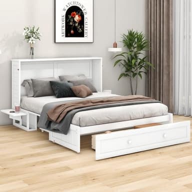 KOMHTOM Lit Escamotable en Bois avec Tiroir de Rangement, Lit Plateforme Transformable et Petite étagère sur Le côté, Cadre de lit Blanc, Sommier à Lattes(sans Matelas) (140 x 200cm)