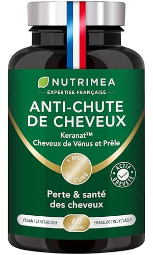 ANTI CHUTE DE CHEVEUX - Pousse et Fortification des Cheveux - Actif Breveté Keranat™ - Cheveux de Vénus, Prêle - Zinc, Sélénium et Biotine - 60 Gélules - Nutrimea - Fabrication Française