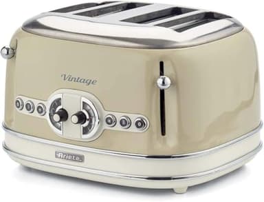 Ariete Vintage 4 Slices Toaster 156, Grille-Pain avec 6 Niveaux de Grillage, Éjection Automatique, Fonction Décongélation, Tiroir Ramasse-Miettes Amovible, Corps en Acier Inoxydable, 1600W, Beige