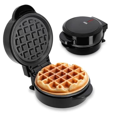 ADE Mini gaufrier | machine à gaufre belge forme ronde | parfait pour une personne, une fête, un anniversaire d'enfant | revêtement antiadhésif de haute qualité | 550 W | noir