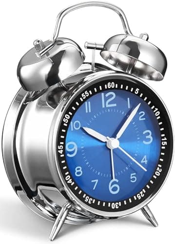 YsyYey Réveil vintage à deux cloches pour les gros dormeurs, finition métallique bleu bijou, silencieux, sans tic-tac, fonctionne à piles, décoration de chambre rétro