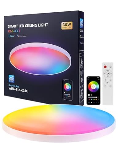 led plafonnier connecté compatible Alexa 30W plafonnier led chambre 16 millions couleurs plafonnier led dimmable , lampe connectée alexa Couleurs DIY 2700K-6500K Contrôle APP salon, coucher, cuisine