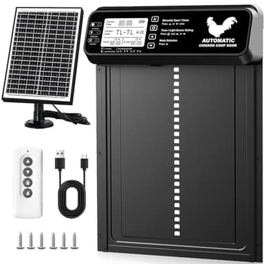 Porte Poulailler Automatique Solaire Anti-Pincement avec Minuterie/Capteur de Lumière, Porte Automatique Poulailler Solaire | Grand Panneau Solaire | Batterie Haute Capacité | Télécommande | Aluminium