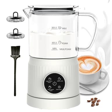 Casimhu Mousseur à Lait Électrique 4 en 1 avec Chauffe Lait, Carafe Transparente pour Contrôle Visuel, Commande Tactile, Mousse Chaude et Froide pour Café, Latte, Cappuccino, Verre, Blanc