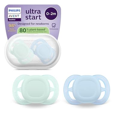 Philips Avent Sucettes ultra start - Orthodontiques, pour nouveau-nés, tétine souple symétrique en silicone, sans BPA, avec étui de stérilisation, lot de 2, SCF075/12