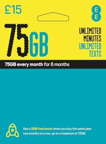 EE Carte SIM prépayée de 15 £ pour 30 jours avec 500 minutes, SMS illimités et 5 Go de donnéesAdaptable trois tailles : standard, micro et nano