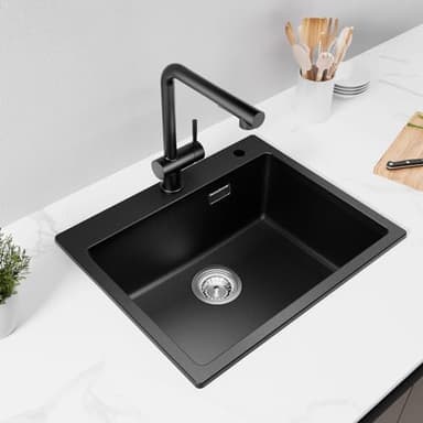 CECIPA Evier Cuisine Noir 55x45cm, 80% Sable Quartz, Évier En Granit, 1 Bac À Encastrer, Évier Cuisine Avec Siphon & Trop-Plein, CNC0603