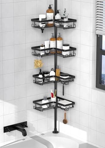 Kegii Etagere Douche - Etagere Telescopique Douche Sans Percage, Tablette d'Angle Réglable en Hauteur avec 4 Paniers, Noir