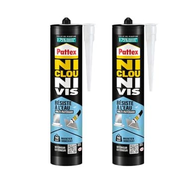 Pattex Ni Clou Ni Vis Fix Résiste à l'eau, Multi Matériaux Intérieur & Extérieur, Lot de 2 cartouches de 450 g, colle de fixation, colle forte tous supports, mastic blanc