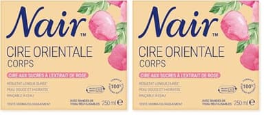 Nair Cire aux sucre méthode orientale – Kit d'épilation pour femmes, enrichie en extrait de rose. Le kit comprend un pot de 250 ml, 14 bandes en tissu réutilisables et une spatule en bois. (Lot de 2)