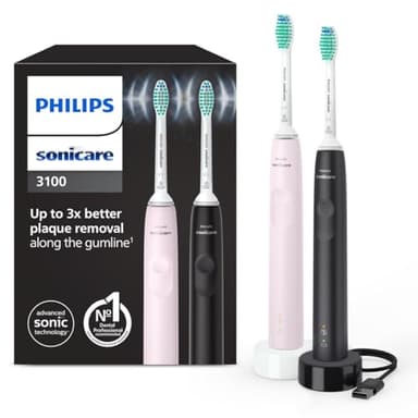 Philips Sonicare 3100, Brosse à dents électrique sonique, capteur de pression et minuterie, rose pastel et noir, pack de 2, modèle HX3675/15